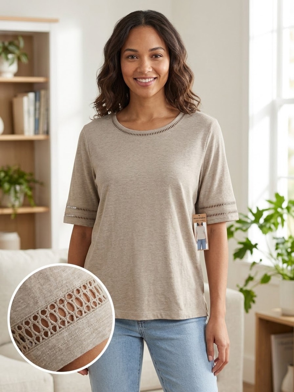 Eddie Bauer Taupe Crochet-Trim Short Sleeve Tee